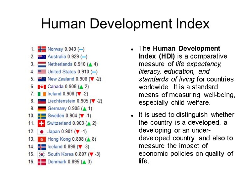 Human Development Index The Human Development Index (HDI) is a comparative measure of life
